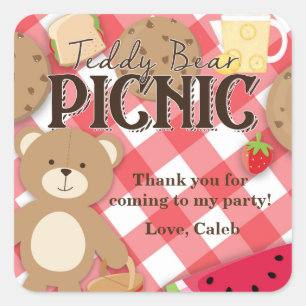 Pegatina Cuadrada Teddy Bear Picnic Summer Birthday Party Favor