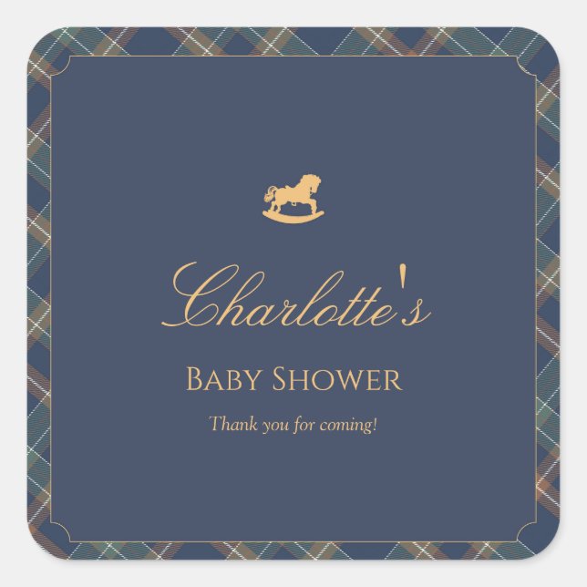 Pegatina Cuadrada Teddy Bear Plaid Boy Baby Shower  (Anverso)