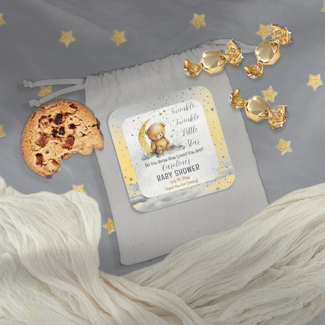 Pegatina Cuadrada Teddy Bear Twinkle Twinkle Little Star Baby Shower (Create an enchanting baby shower with our Teddy Bear Twinkle Twinkle Little Star collection.  )