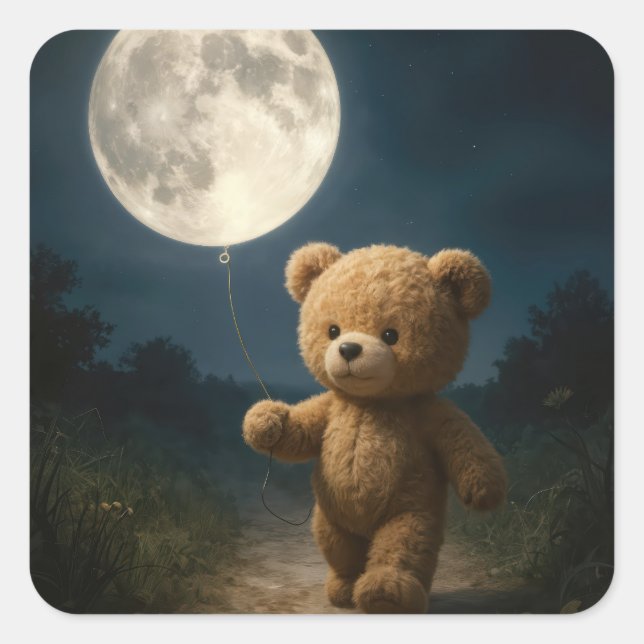 Pegatina Cuadrada Teddy Bear Walking With a Moon Balloon (Anverso)