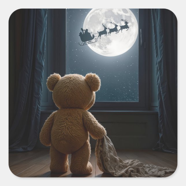 Pegatina Cuadrada Teddy Bear Watching Santa Claus and Reindeer (Anverso)