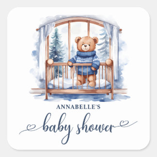 Pegatina Cuadrada Teddy Bear Winter Boy Baby Shower