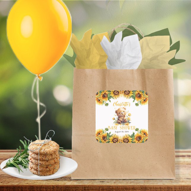 Pegatina Cuadrada Teddy Bear y Sunflowers Baby Shower (Subido por el creador)