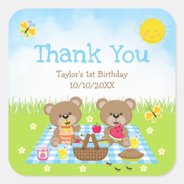 Pegatina Cuadrada Teddy Bears Picnic Birthday Blue Gingham Gracias (Anverso)