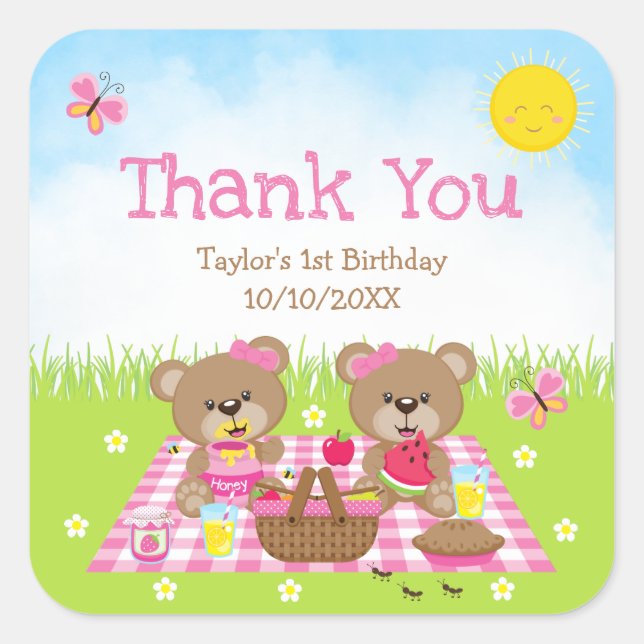 Pegatina Cuadrada Teddy Bears Picnic Birthday Pink Gingham Gracias (Anverso)