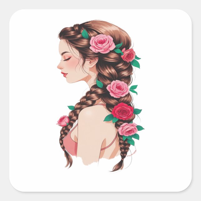 Pegatina Cuadrada Tee floral de pelo trenzado para mujeres (Anverso)