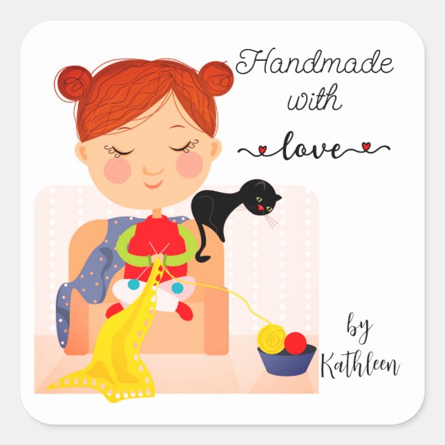 Pegatina Cuadrada Tejido hecho a mano con amor Pegatinas personaliza (Anverso)