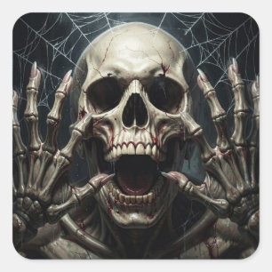 Pegatina Cuadrada Telarañas, Calavera y Huesos Halloween Espeluznant