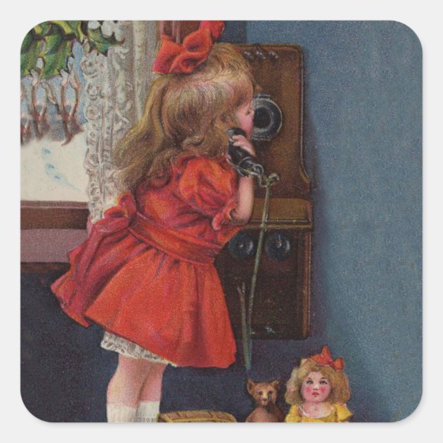 Pegatina Cuadrada Teléfono Antiguo Niña de Navidad (Anverso)