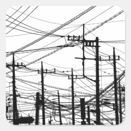 Pegatina Cuadrada Teléfono antiguo y líneas de alimentación