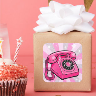 Pegatina Cuadrada Teléfono Fijo Giratorio Retro Rosa Brillante