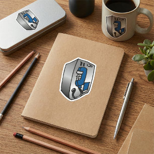 Pegatina Cuadrada Teléfono Público Azul y Plateado Antiguo