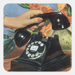 Pegatina Cuadrada Teléfono Retro con Dial Rotatorio, Negocios Vintag