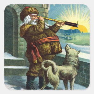 Pegatina Cuadrada Telescopio Perro Atardecer Santa Claus Navidad Vin
