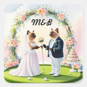 Pegatina Cuadrada Tema Boda de golf para los amantes del gato
