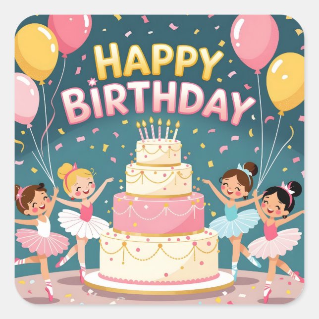 Pegatina Cuadrada Tema de bailarina de cumpleaños feliz lindo (Anverso)