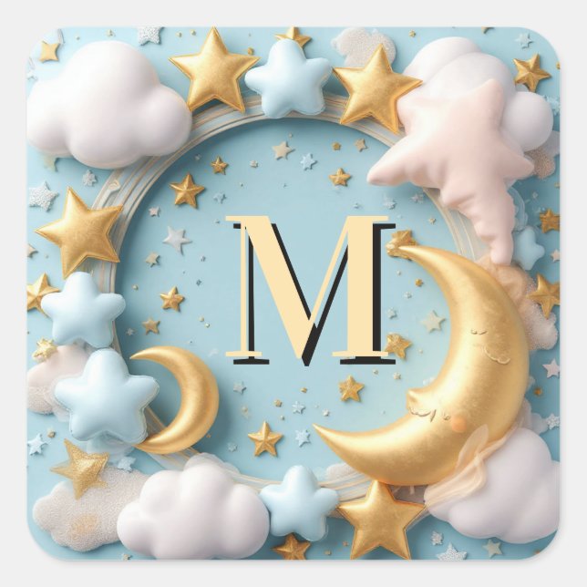Pegatina Cuadrada ⭐ Tema de bebé Luna y Nubes Caprichosas ⭐ (Anverso)
