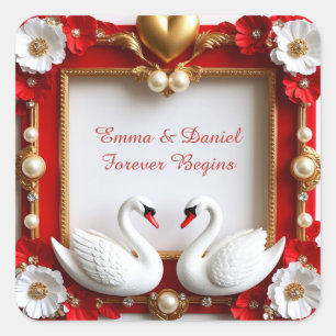 Pegatina Cuadrada 🦢 Tema de Boda Perla Cisne Oro Rojo 💍