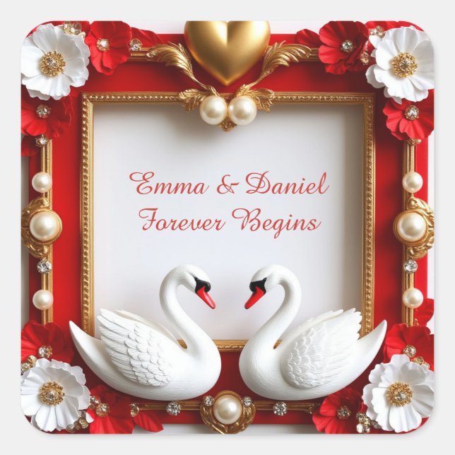 Pegatina Cuadrada 🦢 Tema de Boda Perla Cisne Oro Rojo 💍 (Anverso)