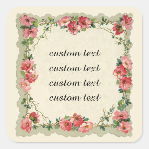 Pegatina Cuadrada Tema de boda vintage, rosas y flores rosadas