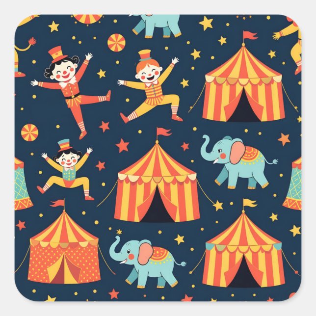 Pegatina Cuadrada Tema de circo en azul (Anverso)