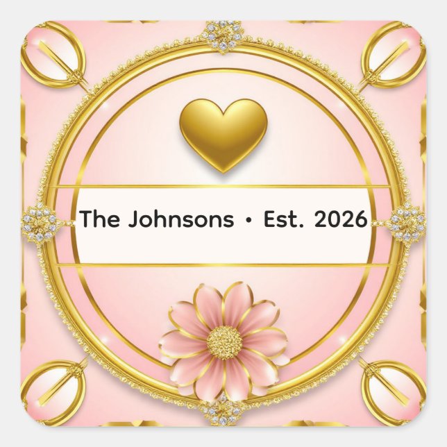 Pegatina Cuadrada 💗 Tema de Corazón de Oro Rosa Romántico ✨ (Anverso)