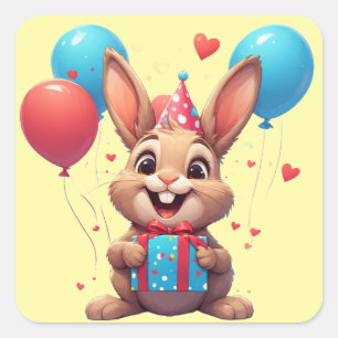 Pegatina Cuadrada 🎈 Tema de Cumpleaños de Conejito Adorable