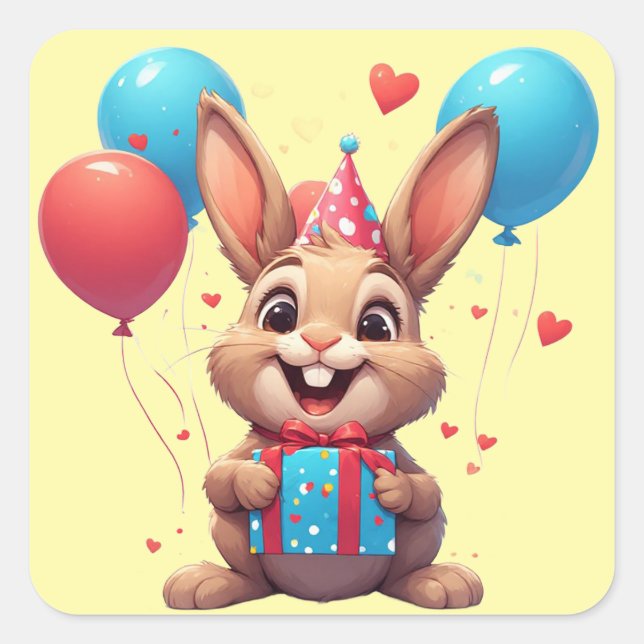 Pegatina Cuadrada 🎈 Tema de Cumpleaños de Conejito Adorable (Anverso)
