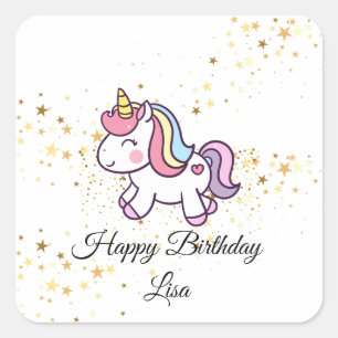 Pegatina Cuadrada tema de cumpleaños de unicornio