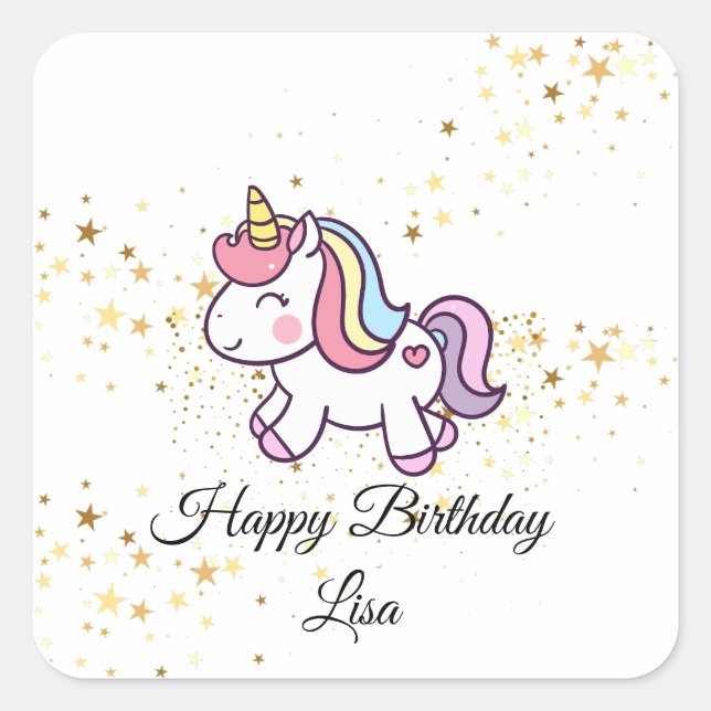 Pegatina Cuadrada tema de cumpleaños de unicornio (Anverso)
