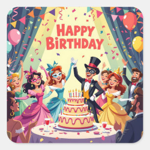 Pegatina Cuadrada Tema de cumpleaños feliz disfrazado lindo