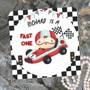 Pegatina Cuadrada Tema de Cumpleaños Infantil de Carreras de Autos d