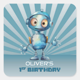 Pegatina Cuadrada Tema de Cute Robot Invitación a primer cumpleaños
