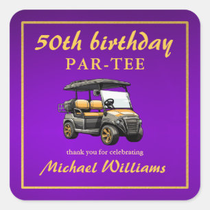 Pegatina Cuadrada Tema de Golf Elegante Carrito Morado Dorado Cumple
