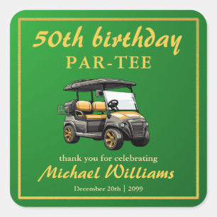 Pegatina Cuadrada Tema de Golf Elegante Carrito Verde Oro Cumpleaños