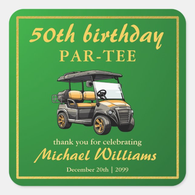 Pegatina Cuadrada Tema de Golf Elegante Carrito Verde Oro Cumpleaños (Anverso)