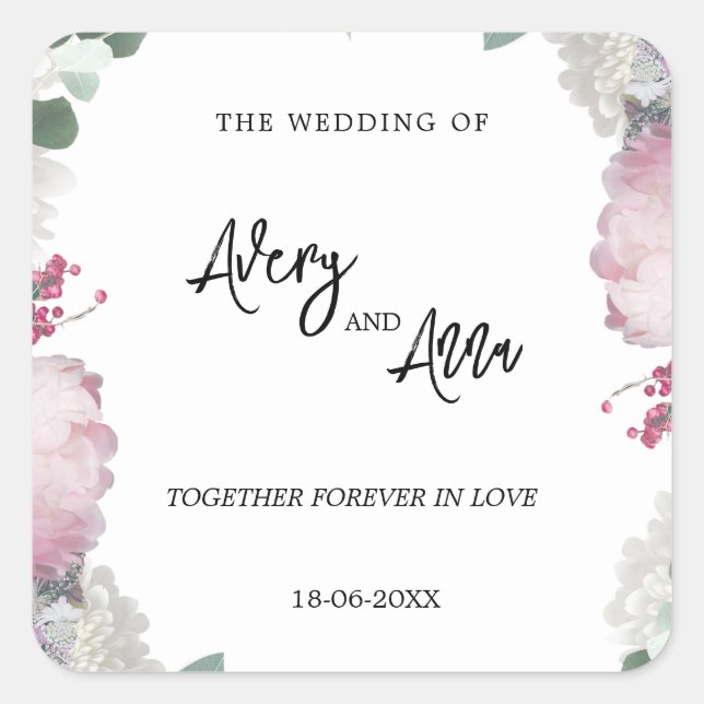 Pegatina Cuadrada Tema de la boda floral (Anverso)