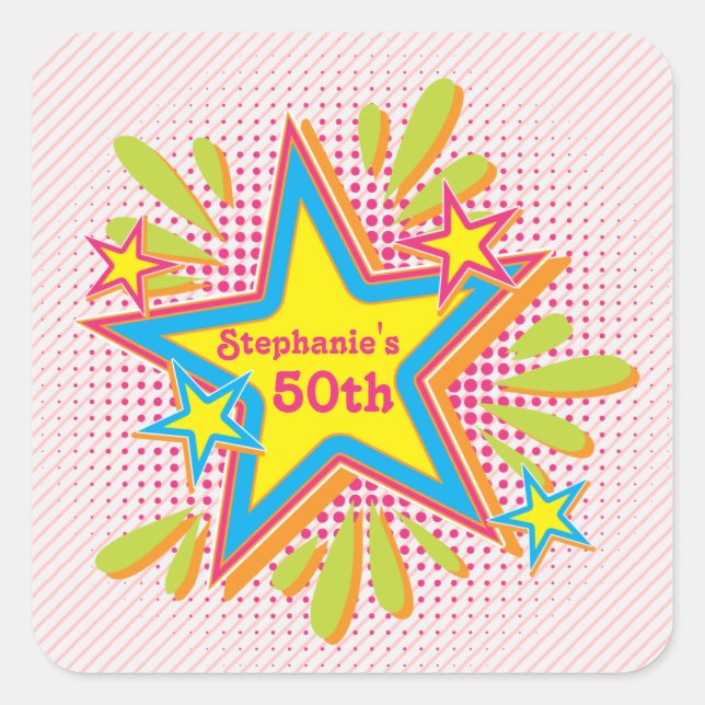 Pegatina Cuadrada Tema de los años 70 Groovy Flower Power 50 cumplea (Anverso)