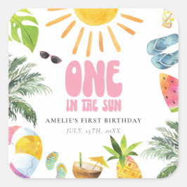 Pegatina Cuadrada Tema de Poolside Primer Cumpleaños