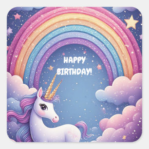 Pegatina Cuadrada 🦄 Tema de Unicornio Lindo Arcoíris Nubes y Estrel