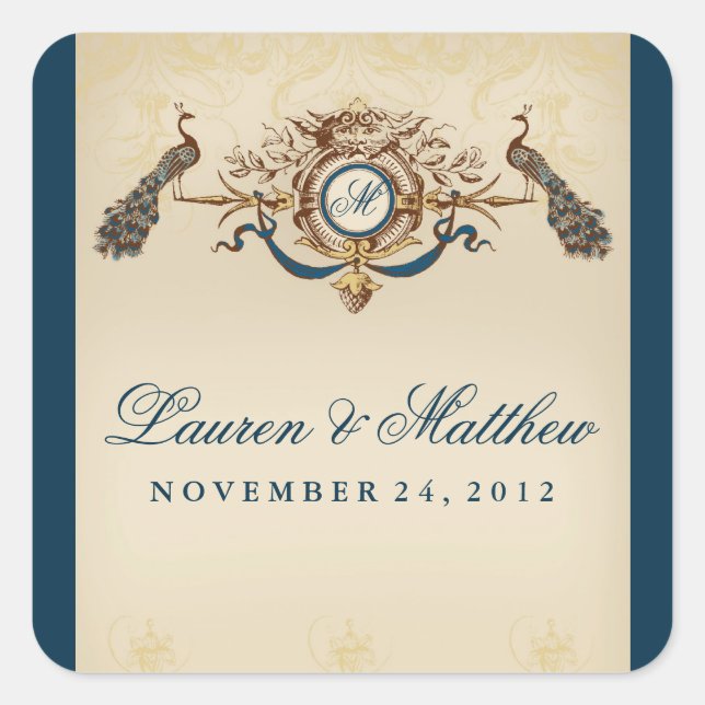 Pegatina Cuadrada Tema elegante del pavo real (Anverso)