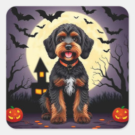 Pegatina Cuadrada Tema Feliz Perro de Halloween Calabaza Adorable