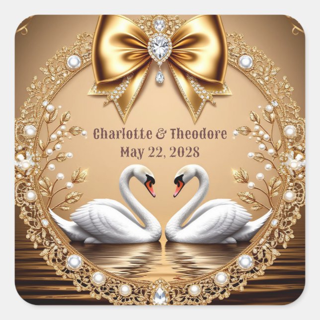 Pegatina Cuadrada Tema romántico de boda de cisne dorado 💎🦢 (Anverso)