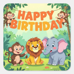 Pegatina Cuadrada Tema safari lindo de cumpleaños feliz