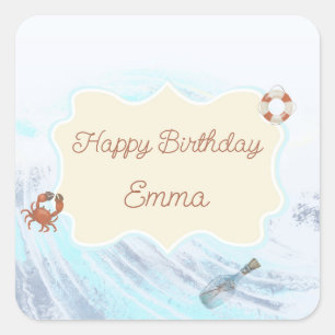 Pegatina Cuadrada Temática oceánica Feliz cumpleaños personalizado c