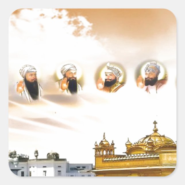 PEGATINA CUADRADA TEMPLO DE ORO CON SIKH GURUS (Anverso)