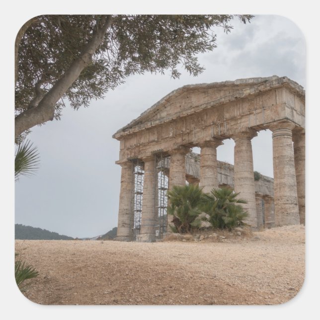 Pegatina Cuadrada Templo griego en Segesta, Sicilia (Anverso)