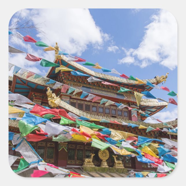 Pegatina Cuadrada Templo tibetano con banderas de oración - Yunnan,  (Anverso)