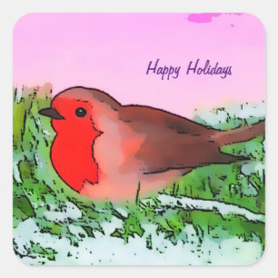 Pegatina Cuadrada Temporada de fiestas de Navidades Robin