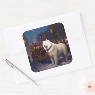 Pegatina Cuadrada Temporada Festiva de Navidad Samoyedo